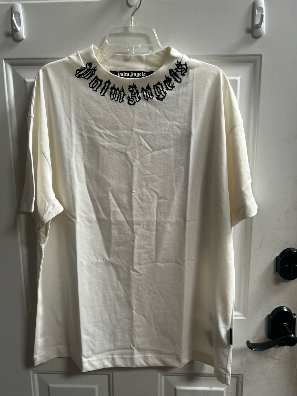 Palm Angels Cream Short-Sleeve Neck Logo Neck Tee with Black Script Sz XXL